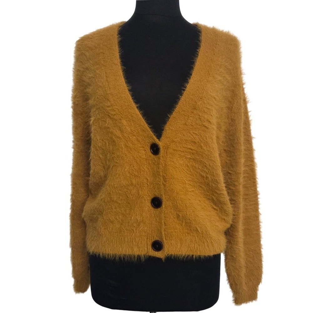 If It Were Me Mustard Yellow Eyelash Knit Oversized V-Neck Cardigan Sweater XS